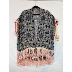Democracy Kimono Open Front Fringe Hem Geometric Print Cover Up Cardigan- Size M